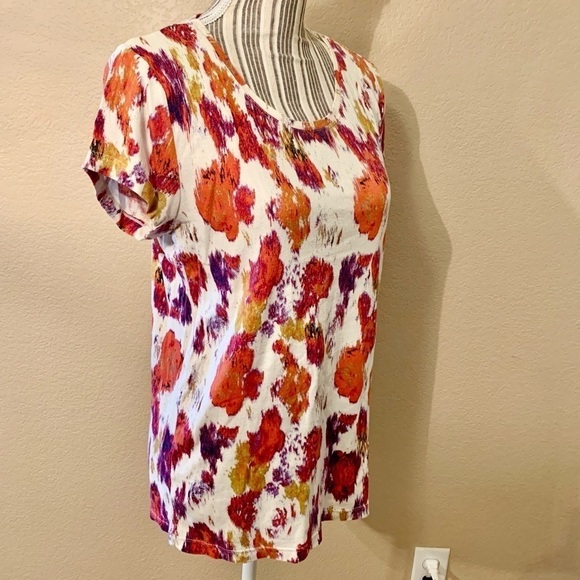 Daisy Fuentes Top Large Cream Orange Purple Gold Abstract Floral Cotton - Picture 5 of 14